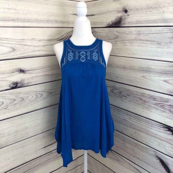 American Eagle Blue Embroidered High Neck Flowy Tank Top XS - Picture 1 of 8